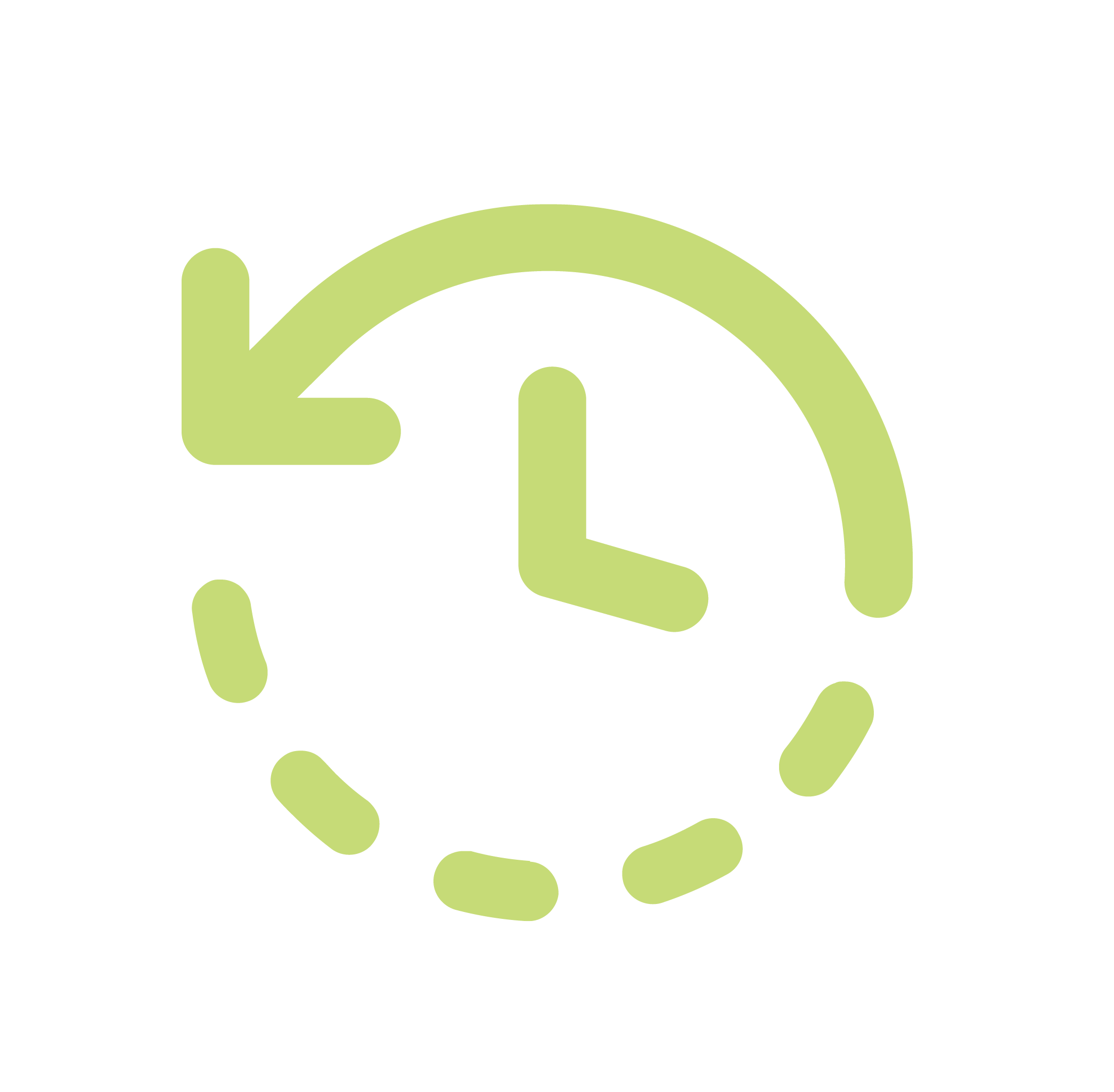 Icon of a clock with an arrow circling clockwise and a leftward arrow pointing to the clock, in light green, representing time or time management.