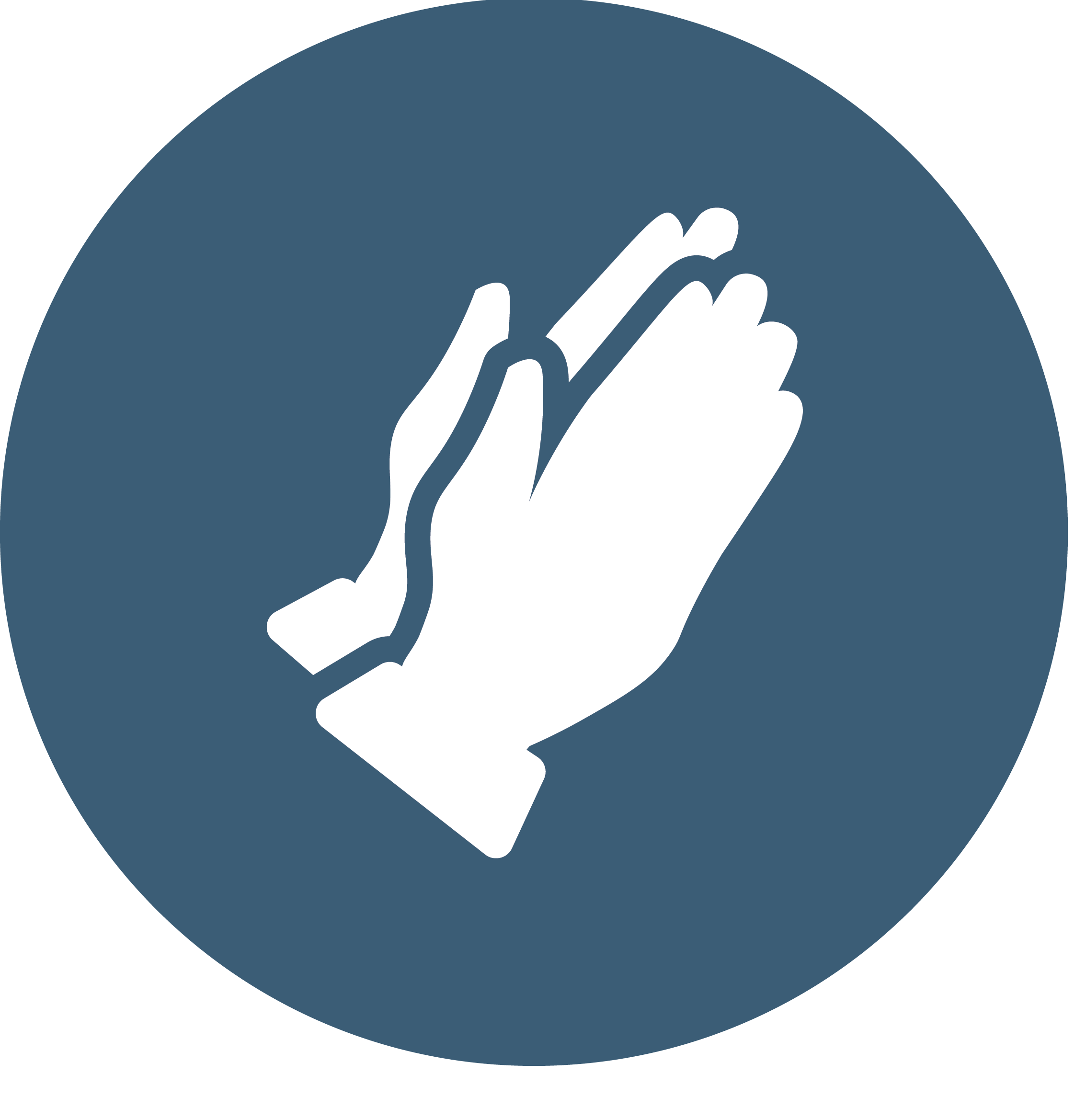 A white outline of two hands rubbing together on a blue circular background, representing hand hygiene.