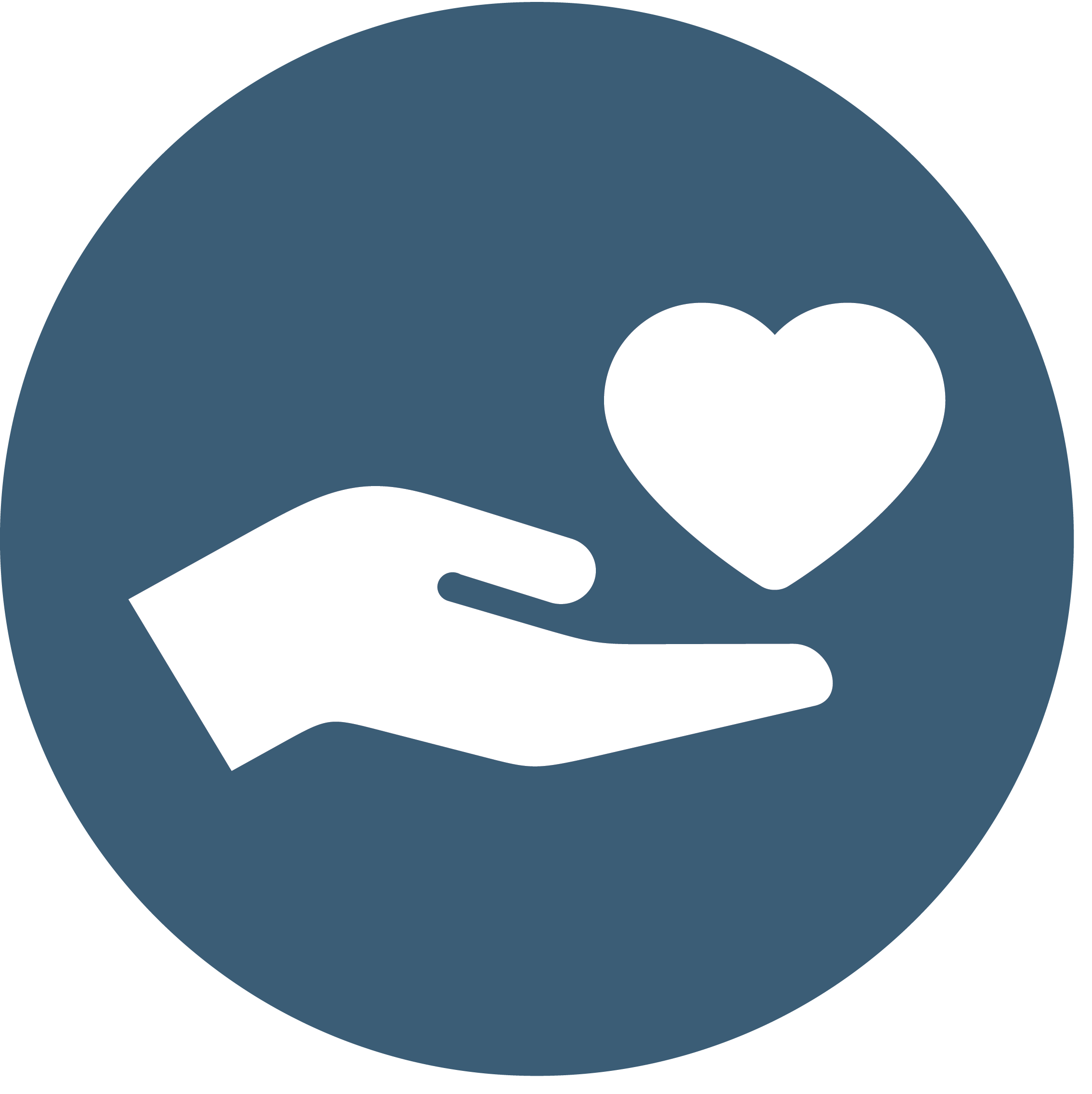 A white hand holding a heart symbol inside a dark blue circle.