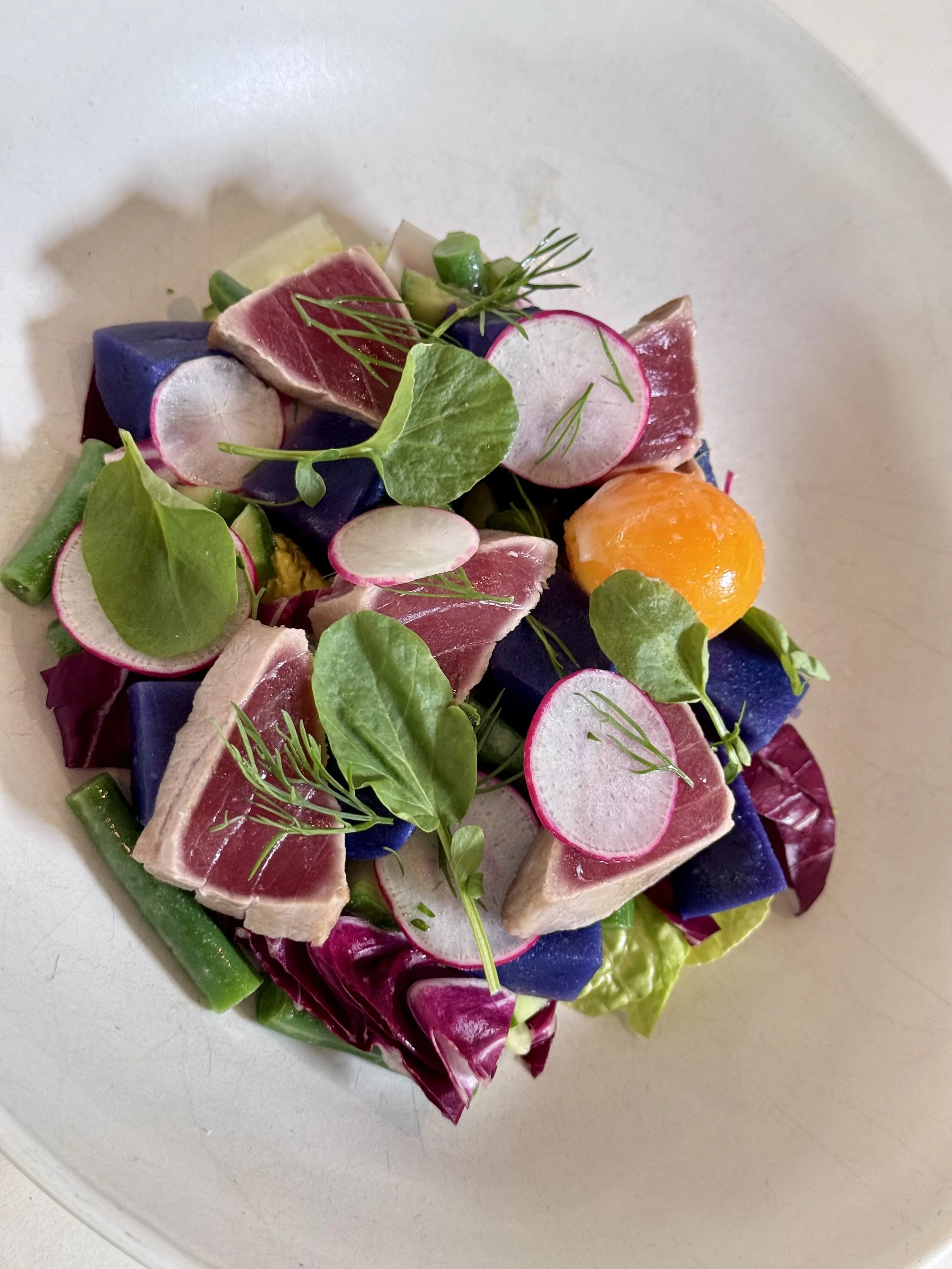 A salad with radish slices, seared tuna, leafy greens, and herbs on a white plate.