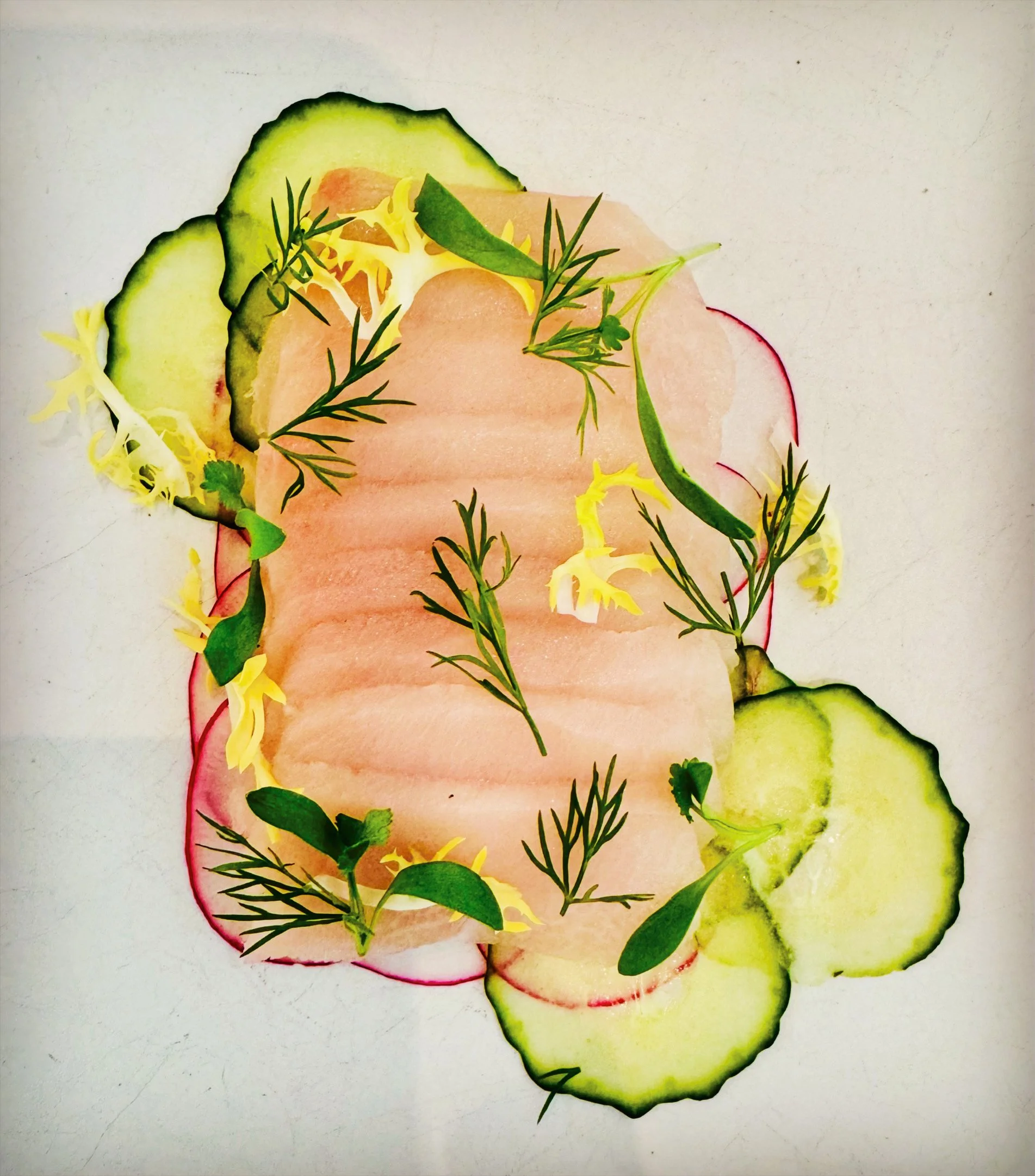 Slices of cucumber and apple with green herbs and yellow flower petals on a white background.