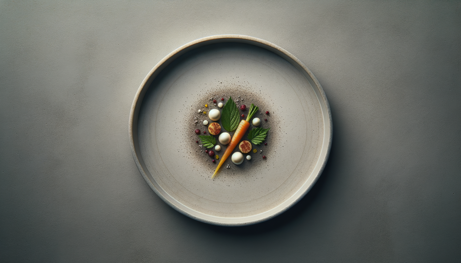 A white ceramic plate with a decorated carrot, green leaves, small white and brown spheres, red and yellow accents, and various spices arranged artistically.