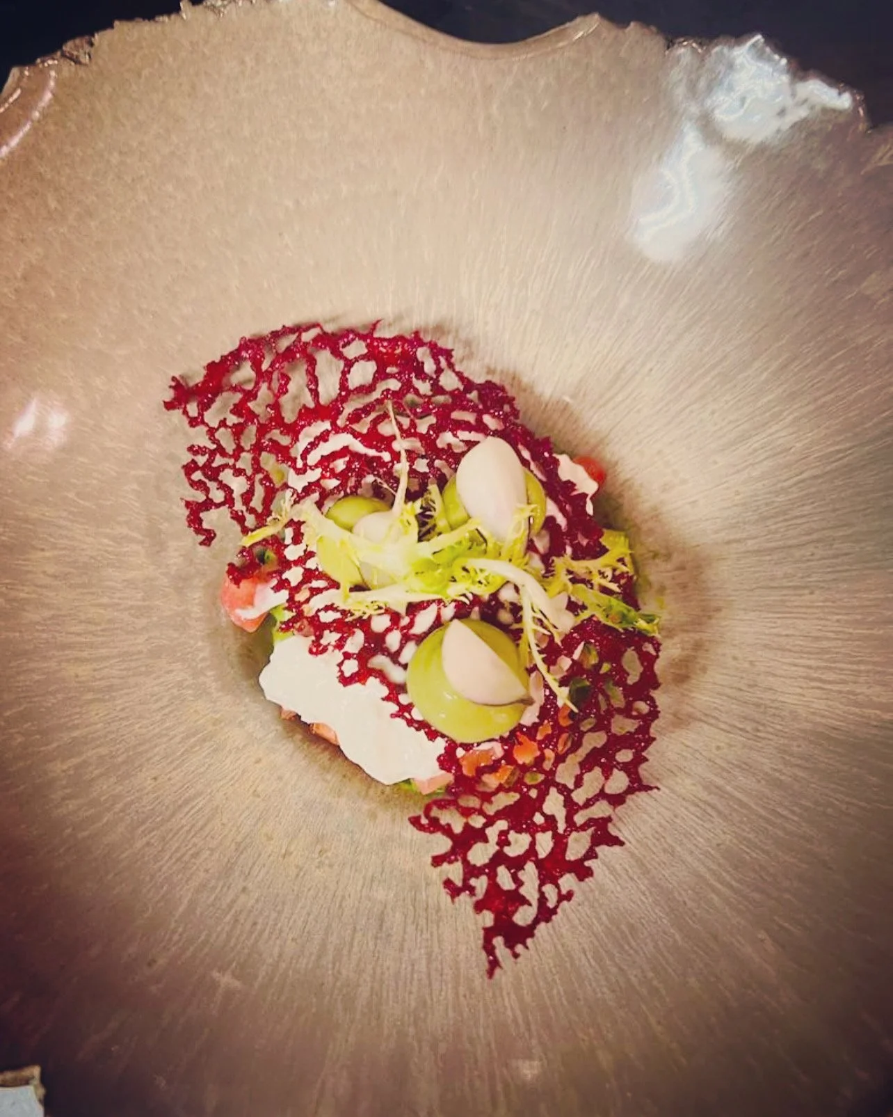 A plated dish with a red, lacy garnish, green vegetables, and thin white vegetable slices inside a metallic bowl.