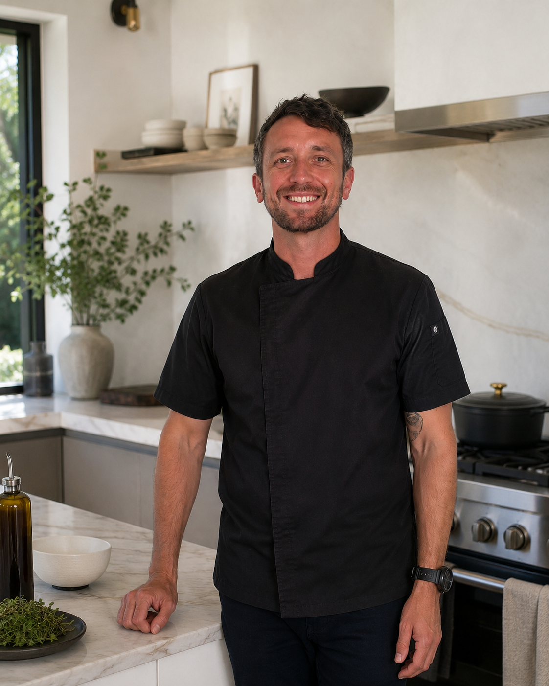 A smiling male chef in black uniform standing in a modern kitchen with white marble countertops and shelves, potted plant, and kitchenware.