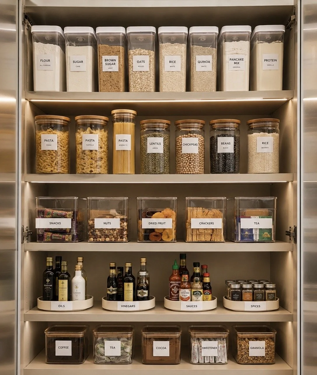 A pantry with organized containers of various food items, including flours, sugars, grains, pasta, beans, dried fruit, snacks, nuts, oils, vinegars, sauces, spices, and baking ingredients.