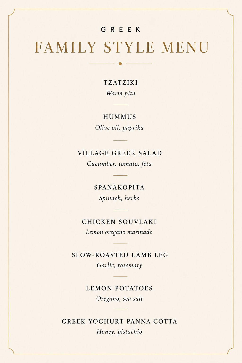 Greek family style menu featuring tzatziki, hummus, village Greek salad, spanakopita, chicken souvlaki, slow-roasted lamb leg, lemon potatoes, and Greek yoghurt panna cotta.