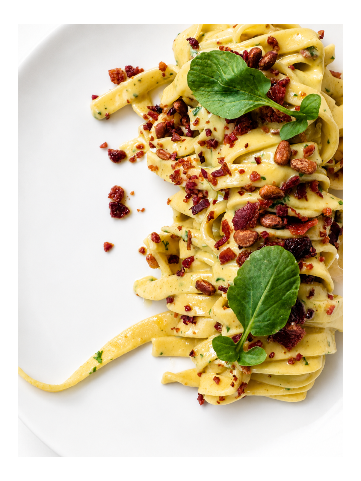 Creamy fettuccine pasta with sun-dried tomatoes, chopped herbs, and fresh green leaves on a white plate.