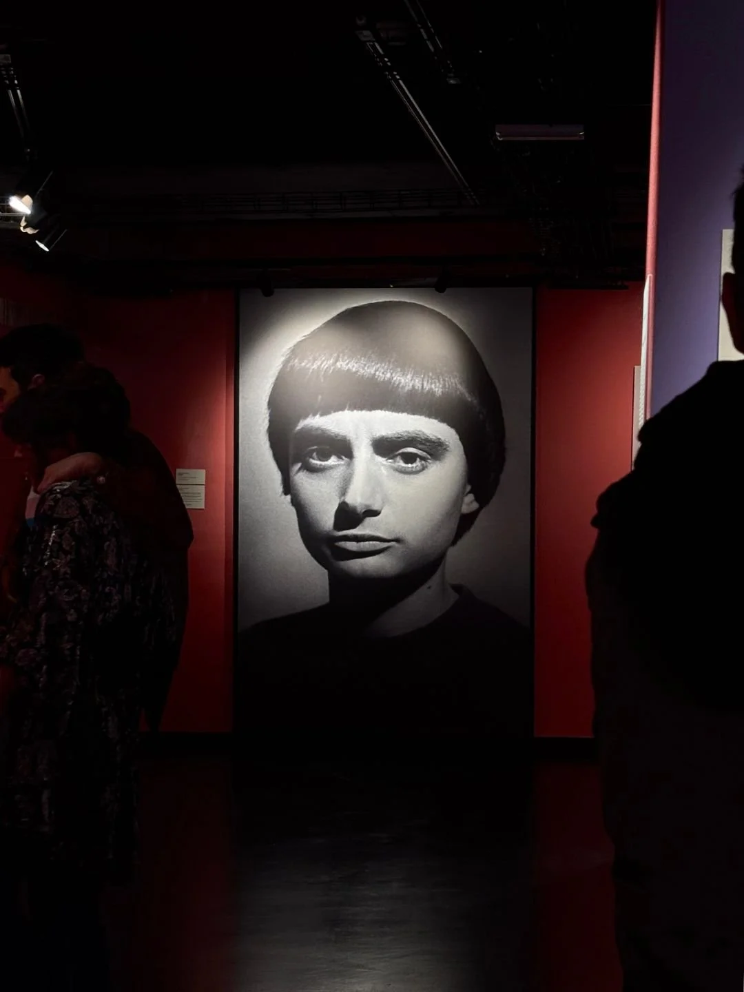 Foto in bianco e nero di un volto femminile stilizzato, con capelli corti e taglio a caschetto, su una parete all'interno di un'esposizione d'arte.