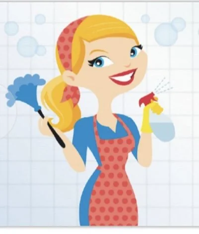 Cartoon woman in blue dress and red apron cleaning a mirror with spray bottle and cloth.