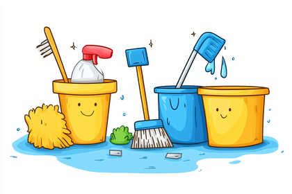 Cartoon cleaning supplies including two buckets with smiling faces, a mop, a scrub brush, a spray bottle, and a sponge.