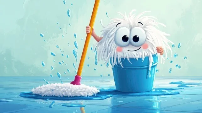 Cartoon cleaning mop character with big eyes and fluffy white hair in a bucket of water, surrounded by splashes.