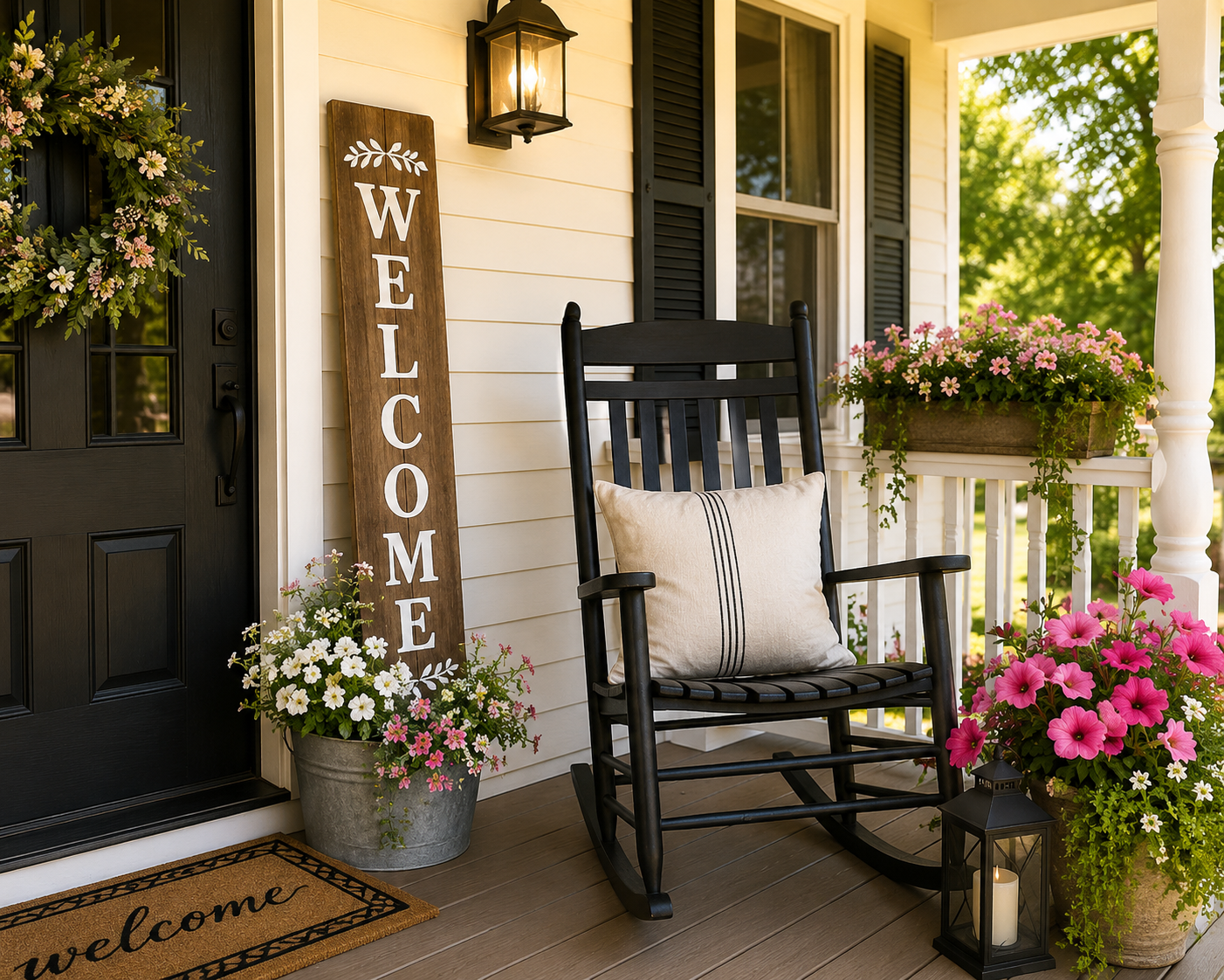 Front porch of a house with a black door, welcome mat, and floral decorations. A wooden sign says "WELCOME." There is a black rocking chair with a beige cushion, flower pots with pink and white flowers, and a lantern with a candle.