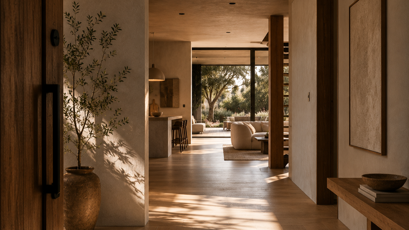 Entrance hallway leading to a living room with large glass sliding doors showing a view of trees outside. Indoor decor includes a tall plant in a ceramic pot, wooden furniture, and natural lighting creating warm shadows.