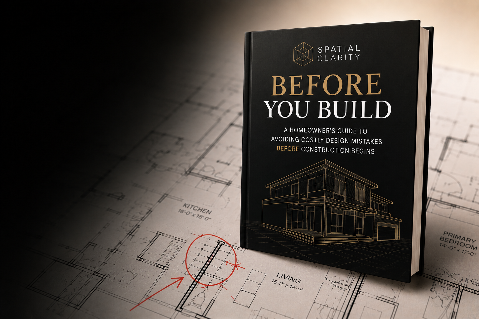 A book titled 'Before You Build' placed on top of detailed house construction blueprints, with labeled rooms and measurements.