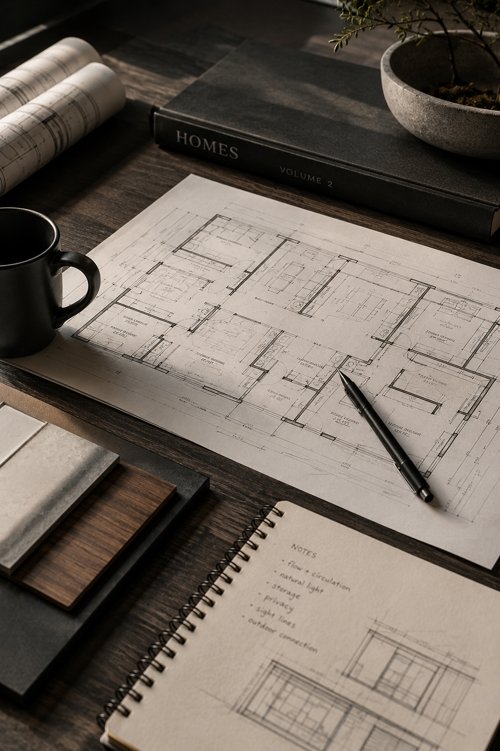 Architectural plans and design materials on a dark wooden desk, including blueprints, color samples, a notebook with notes, a black cup, a book titled 'HOMES Volume 2', a potted plant, and a pen.