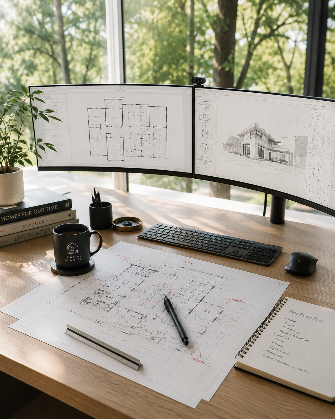 Architectural workspace with blueprints and dual monitors displaying building designs.