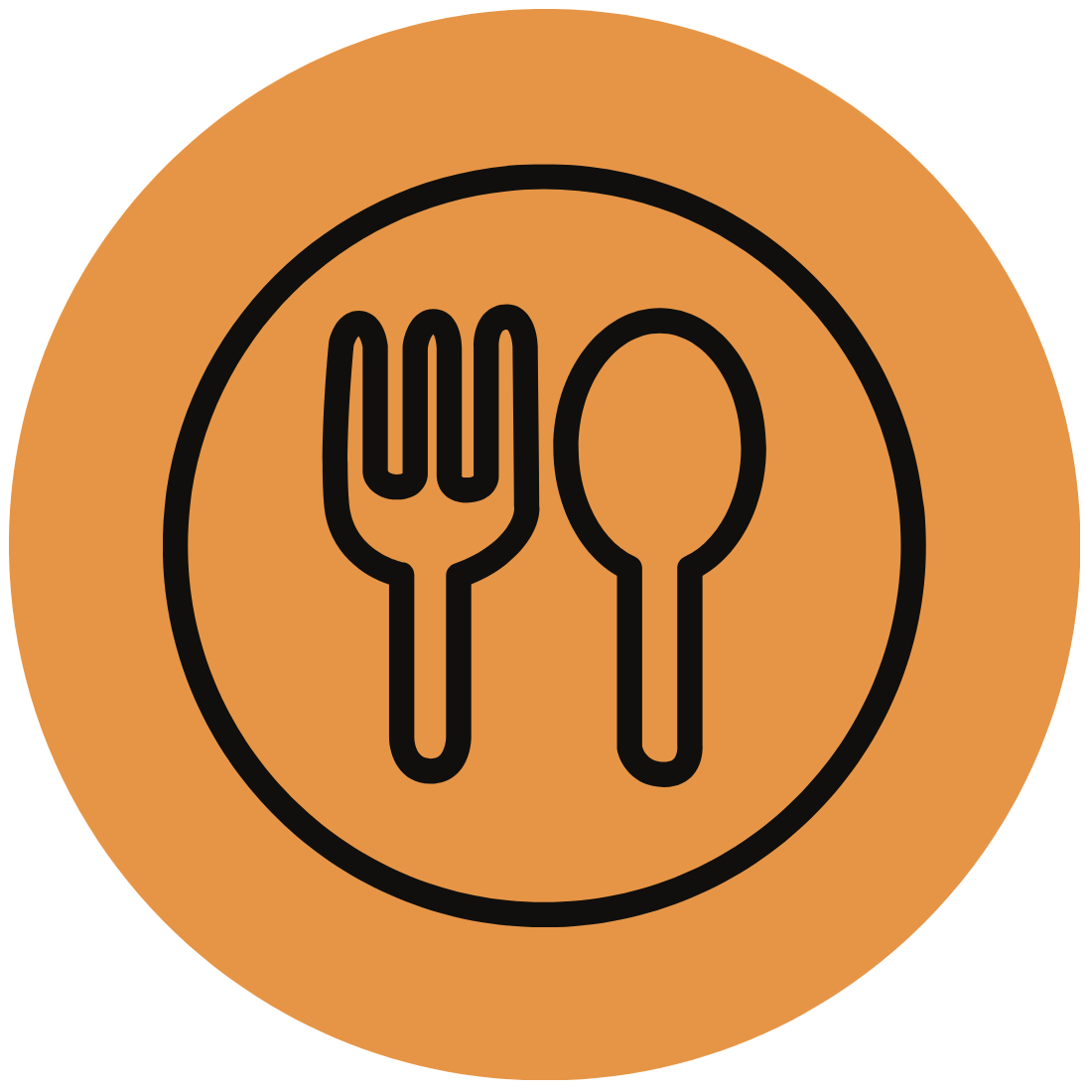 Icon of a fork and spoon inside a circular orange background, representing dining or food services.