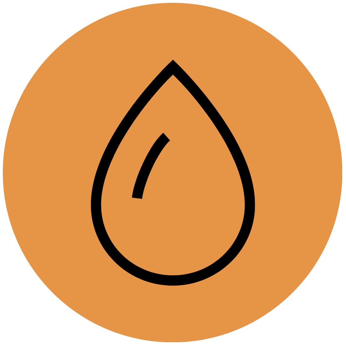 Icon of a water droplet with a reflection line inside, on a brown circular background.