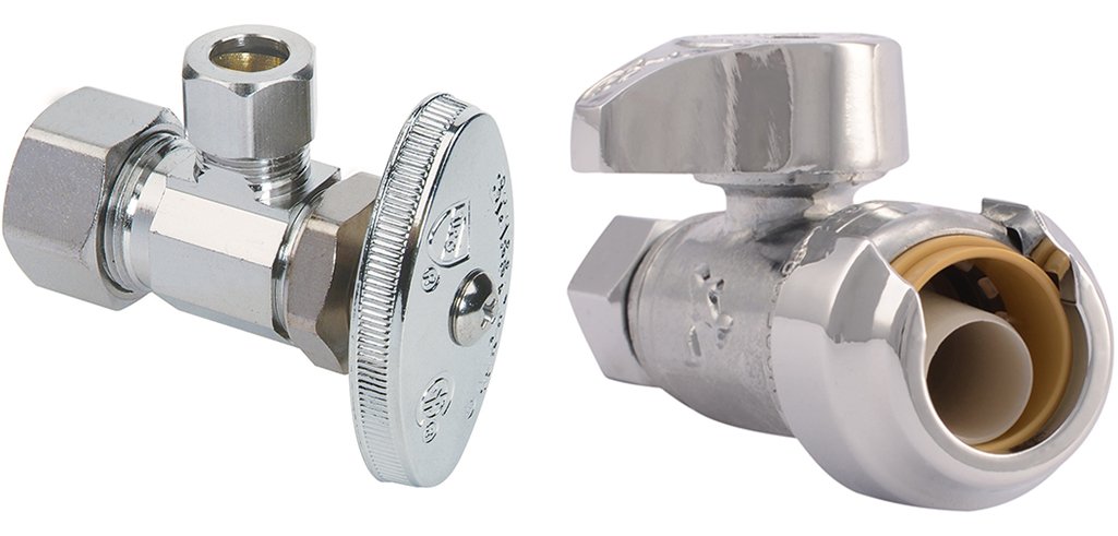 Two metallic water regulation valves, one with a round control dial and the other with a hinged handle, against a plain white background.