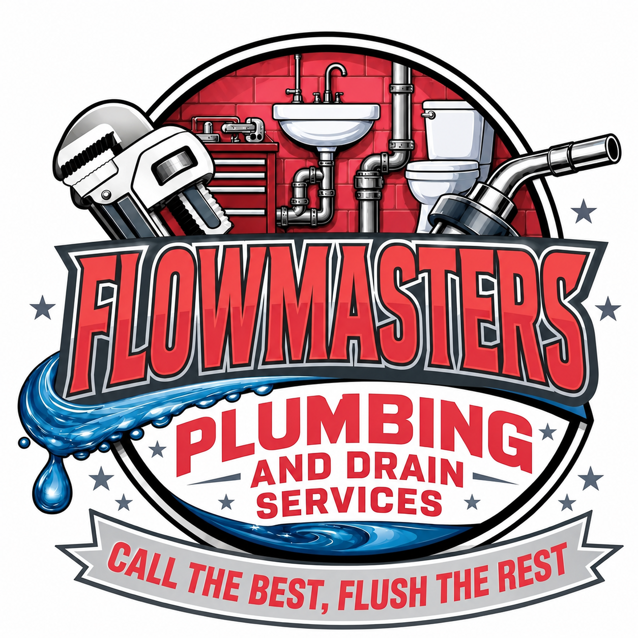 Logo for Flowsmasters Plumbing and Drain Services featuring plumbing tools, pipes, toilet, sink, and faucet with water imagery and tagline 'Call the best, flush the rest'.