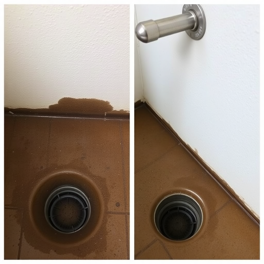 Comparison of a ceiling and door with water damage, showing a brown stain on the ceiling and around the door base, near floor drain and door handle.