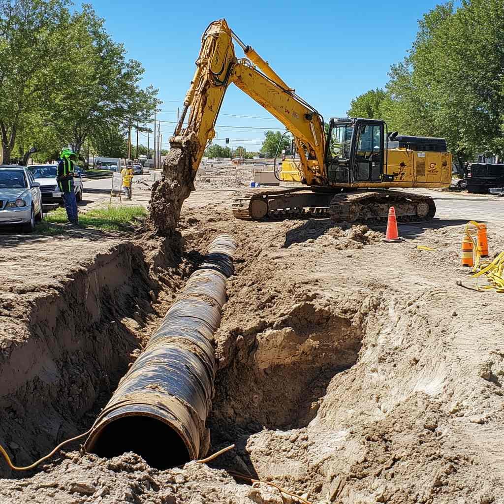 Construction workers and a yellow excavator working on installing or repairing a large pipe underground along a city street, with traffic cones and parked cars nearby.