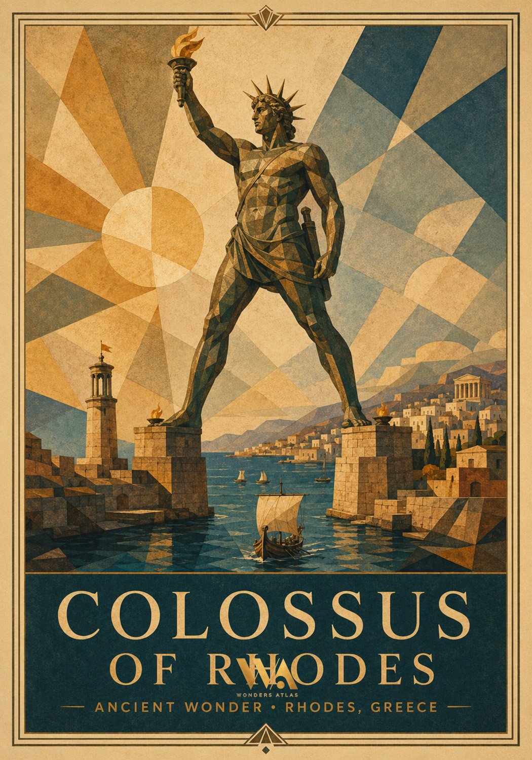 Illustration of the Colossus of Rhodes, a giant statue of a man holding a torch, overlooking a harbor with ships, buildings, and mountainous terrain in the background, in a vintage poster style.