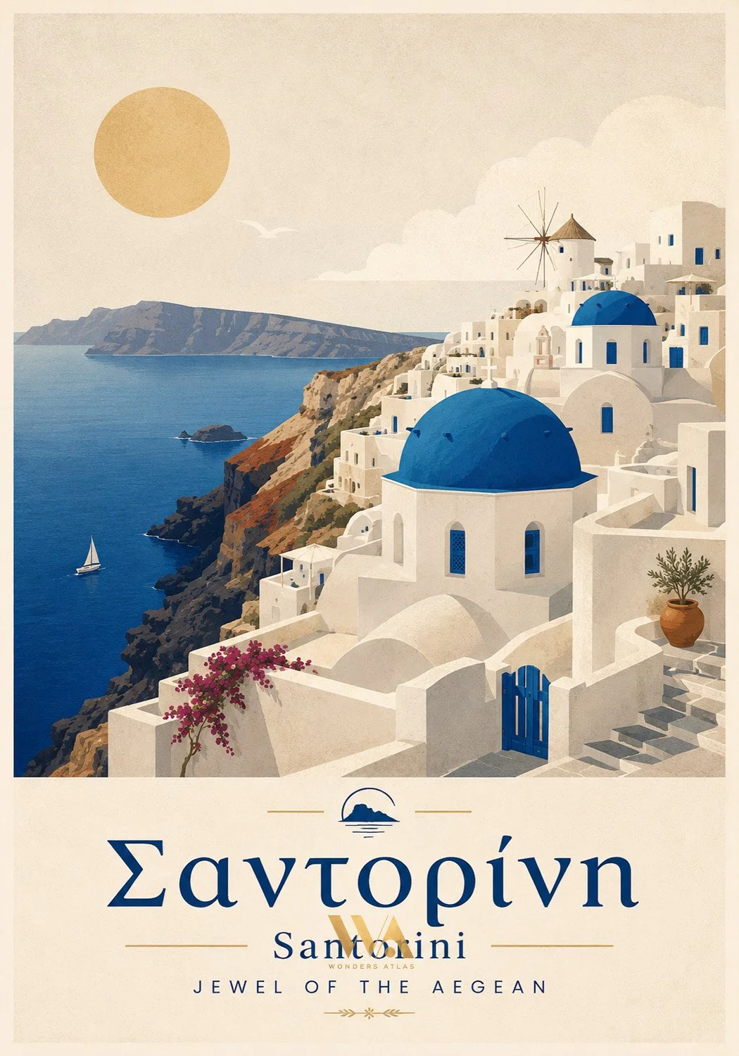 A scenic illustration of Santorini, Greece, featuring white buildings with blue domes, a windmill, and the Aegean Sea in the background, with the sun overhead.