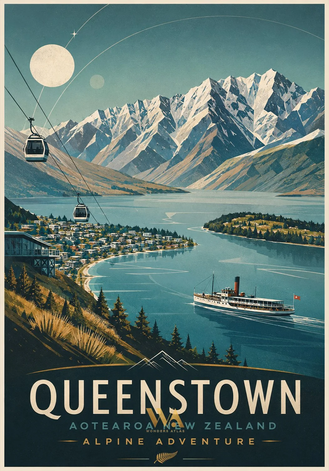 A scenic poster of Queenstown, New Zealand, featuring snow-capped mountains, a lake with a boat, a small town, and a cable car. The poster has the text "Queenstown, Aotearoa New Zealand, Alpine Adventure".