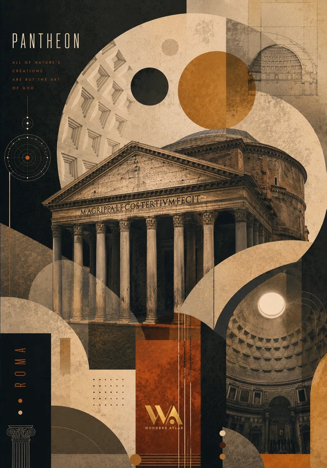 A collage featuring the Pantheon in Rome, Italy, with architectural elements and geometric patterns in earthy tones, including circles and lines.