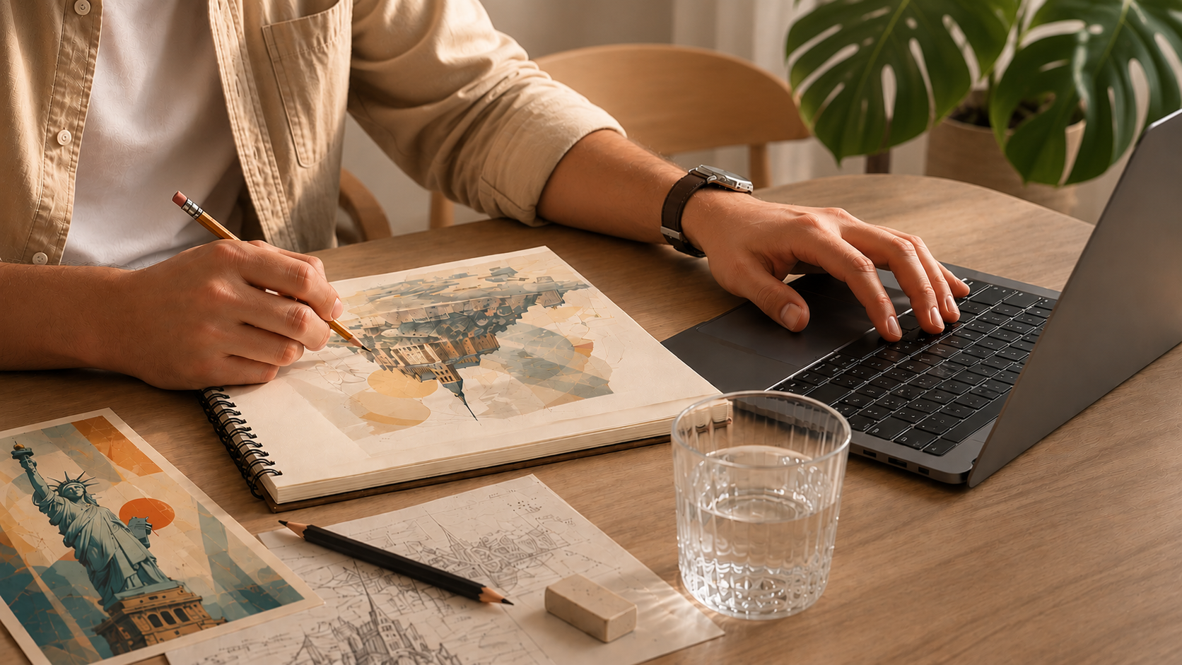 A person working at a wooden table with sketches, artwork materials and a laptop, developing travel-inspired poster artwork in a calm studio setting.