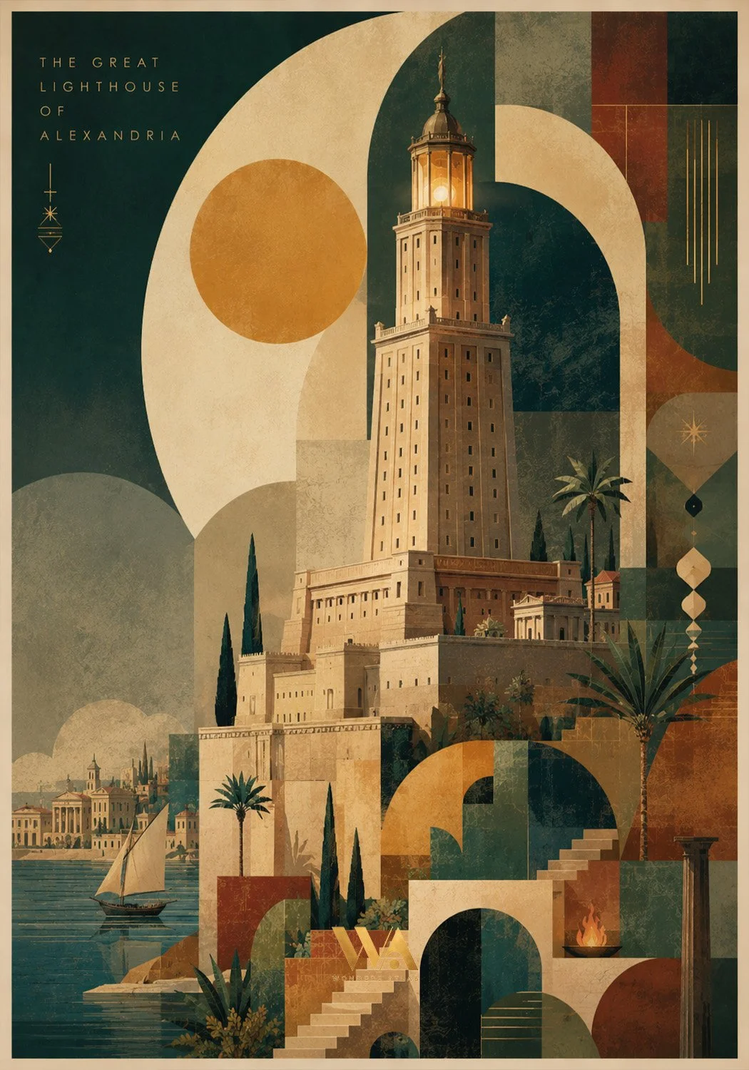 Illustration of the Lighthouse of Alexandria with abstract geometric shapes, palm trees, boats on water, and ancient buildings in a stylized, artistic style.