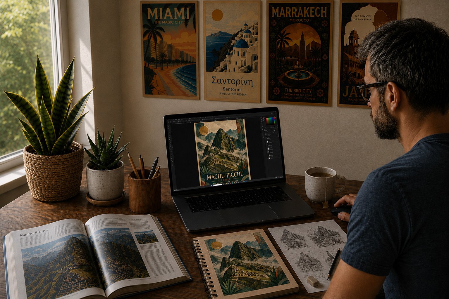 A man working at a desk with vintage travel posters on the wall, an open book, a sketchpad with mountain scenery, a computer displaying artwork of Machu Picchu, a notebook, and potted plants.