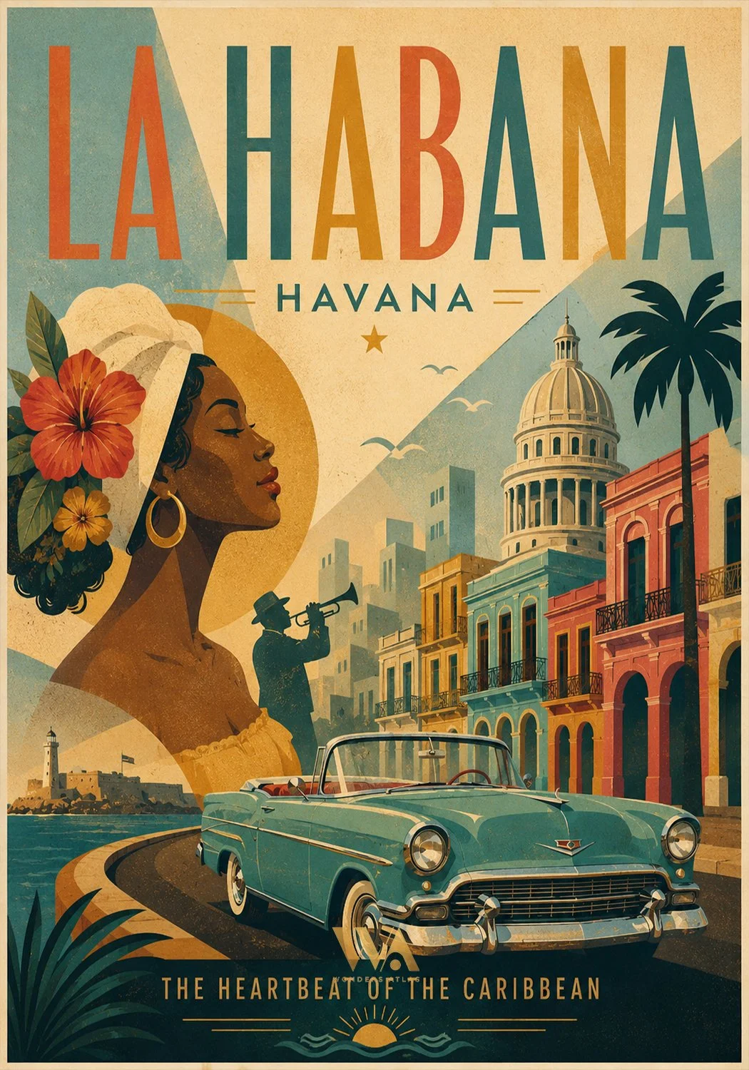 A vintage-style travel poster for Havana, Cuba, featuring a woman with flowers in her hair, a classic car, colorful buildings, a musician playing trumpet, a lighthouse, and palm trees, with the caption 'The Heartbeat of the Caribbean'.