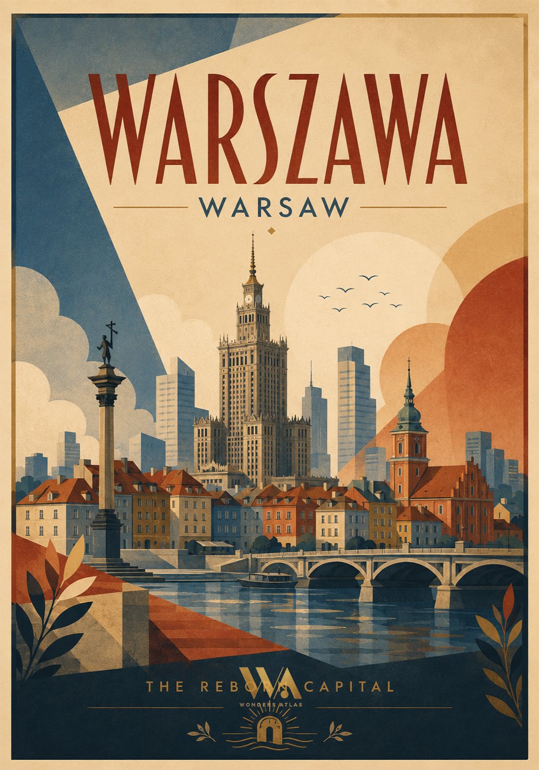 Illustration of Warsaw cityscape with the Palace of Culture and Science, colorful buildings along a river, a bridge, and a statue, with the text 'Warszawa Warsaw' at the top and 'The Reborn Capital' at the bottom.