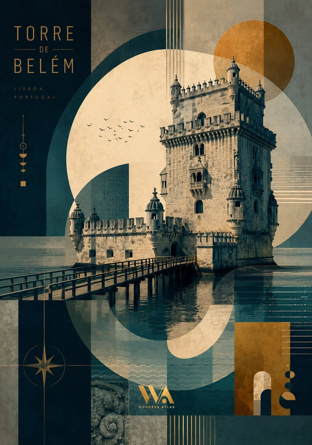 Artistic digital illustration of Belém Tower in Lisbon, Portugal, with geometric shapes and abstract design elements in muted tones.