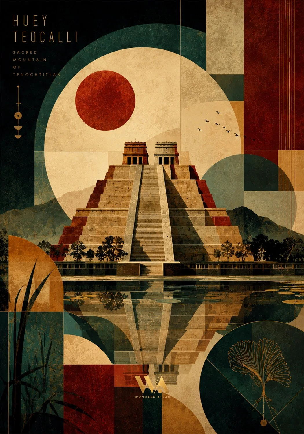 Stylized digital illustration of the Temple of Kukulkán in Chichen Itza, Mexico, with geometric patterns and reflections in a pyramid reflected in water.