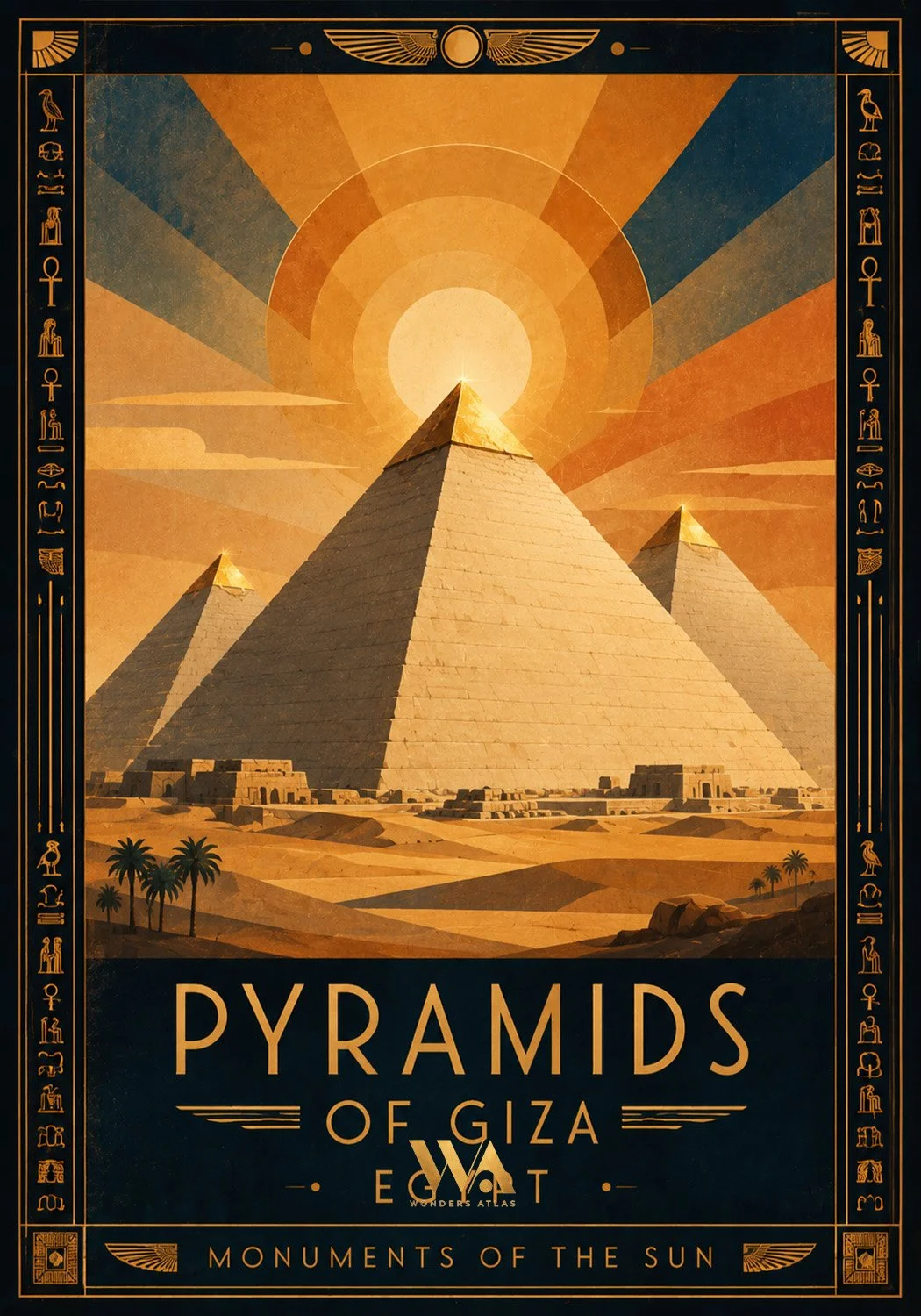 Illustration of the Pyramids of Giza with the sun setting behind them, in a stylized, vintage art style with Egyptian hieroglyphic border.