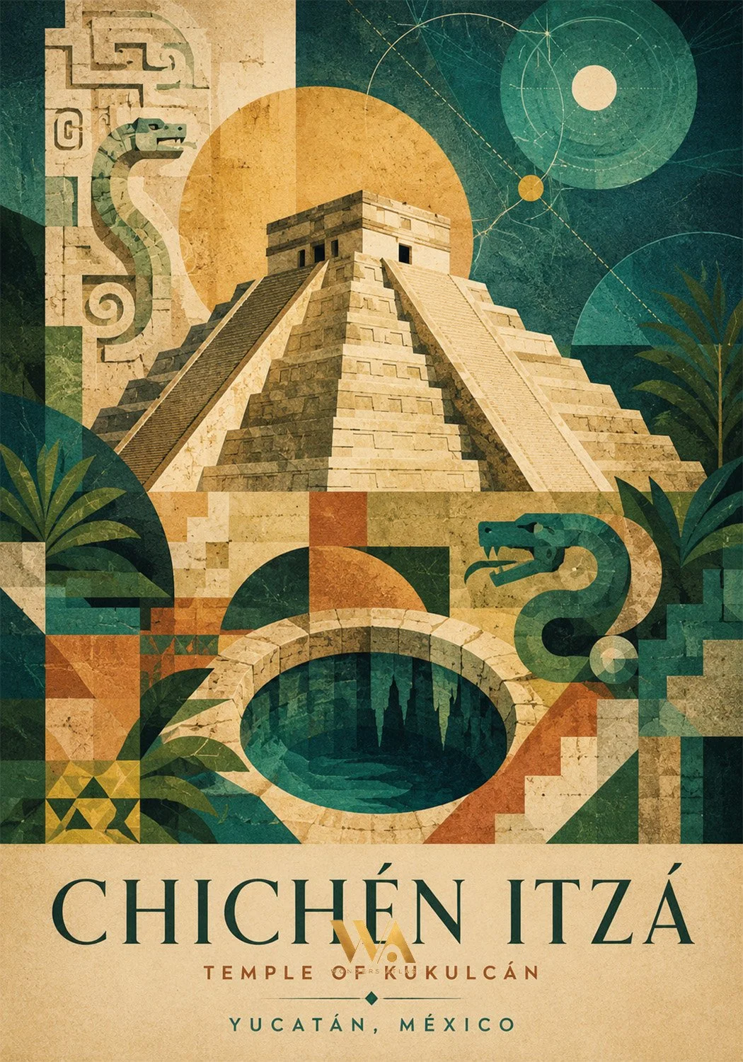 Illustration of Chichen Itza pyramid with Mayan symbols, a snake, and decorative celestial elements, with text indicating it's in Yucatan, Mexico.