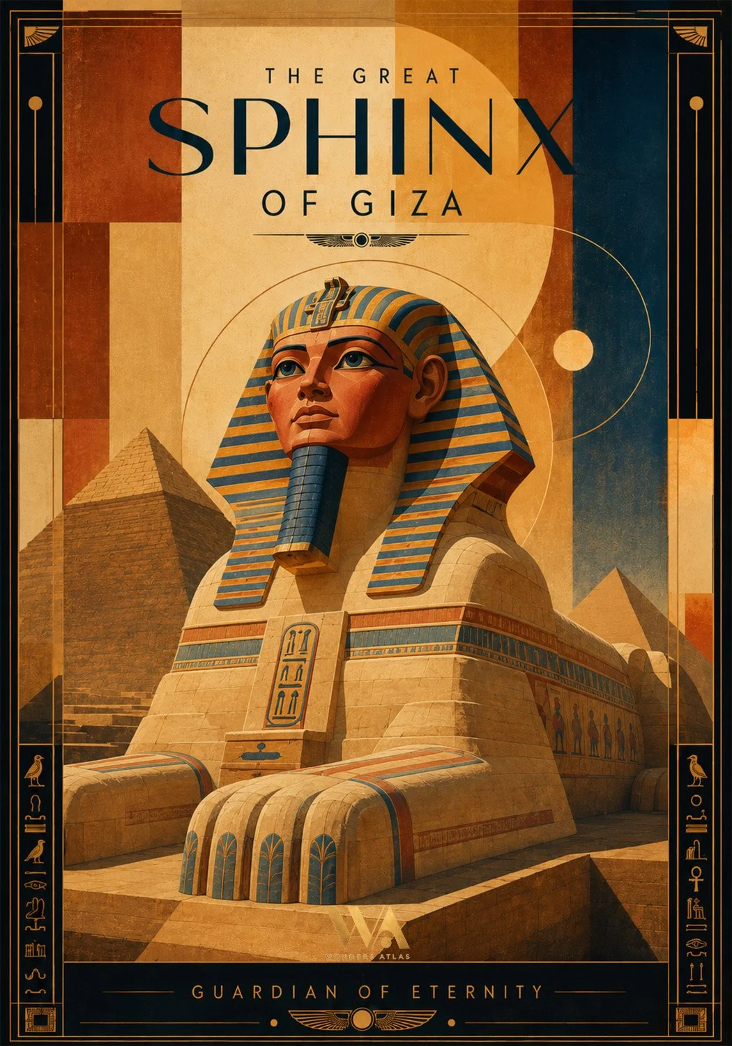 A stylized illustration of the Great Sphinx of Giza, with pyramids in the background, titled 'Guardian of Eternity' and 'The Great Sphinx of Giza'.