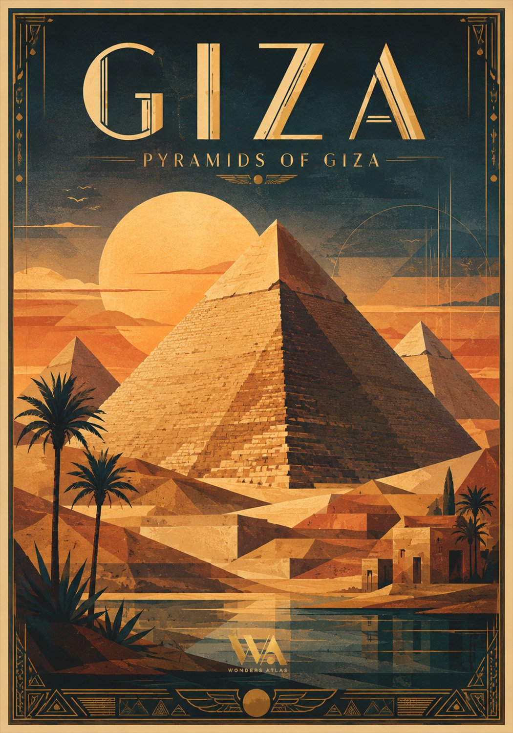Vintage-style illustration of the Pyramids of Giza with desert landscape, palm trees, and a setting sun.