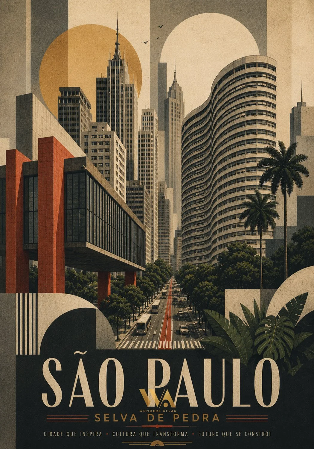 Illustration of São Paulo cityscape with tall skyscrapers, palm trees, and a busy street with buses and cars, with sun and bird graphics in the background, and a poster at the bottom with text about São Paulo.