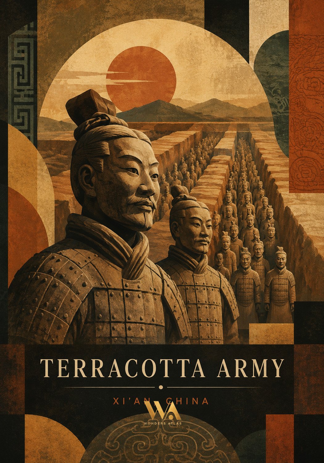 Illustration depicting the Terracotta Army with statues of soldiers standing in rows in a landscape with mountains and a large sun in the background, titled 'Terracotta Army, Xi'an, China'.