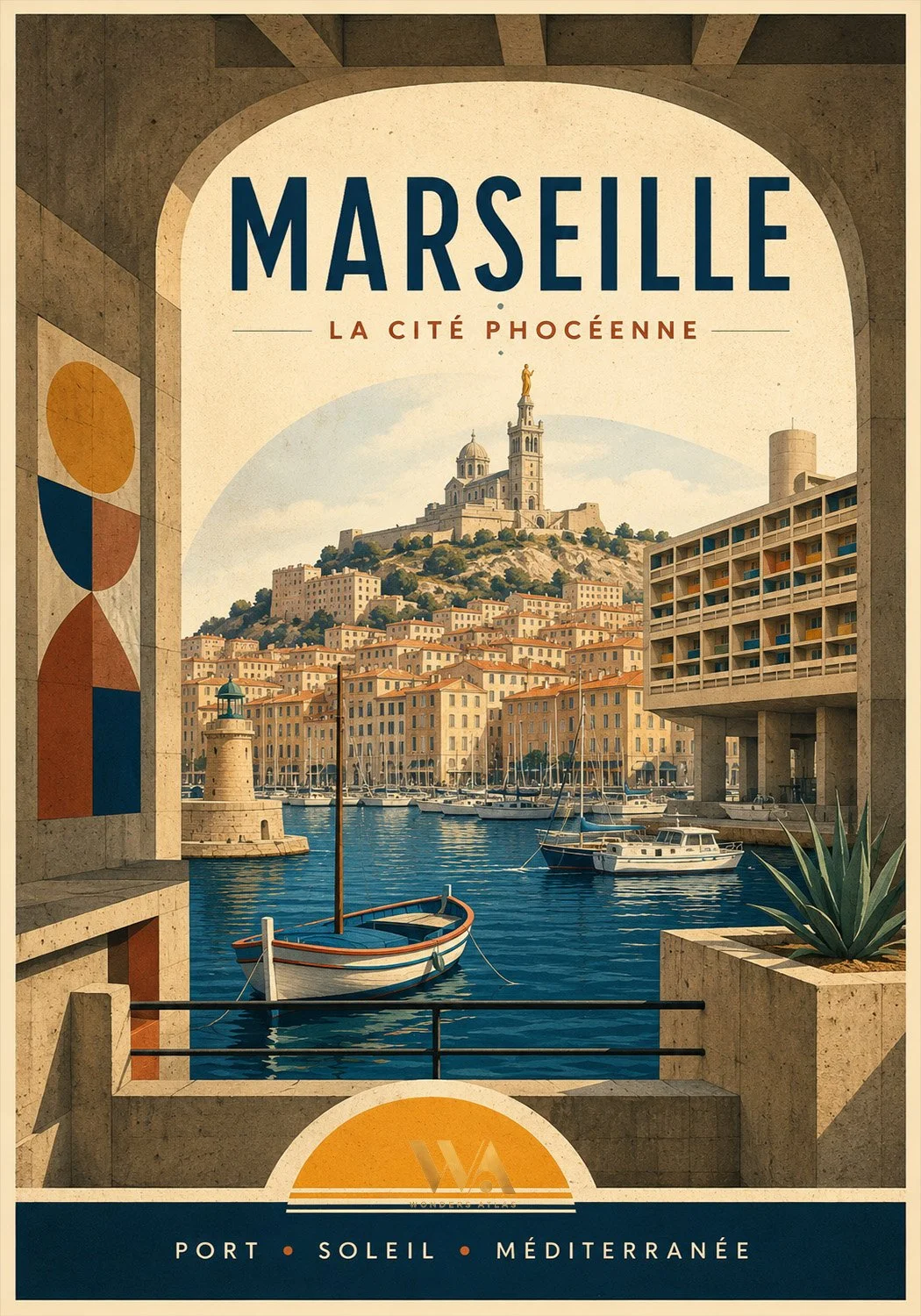 A scenic view of Marseille, France, showing boats in a harbor with hillside buildings and the Basilica of Notre-Dame de la Garde in the background, framed by an archway.