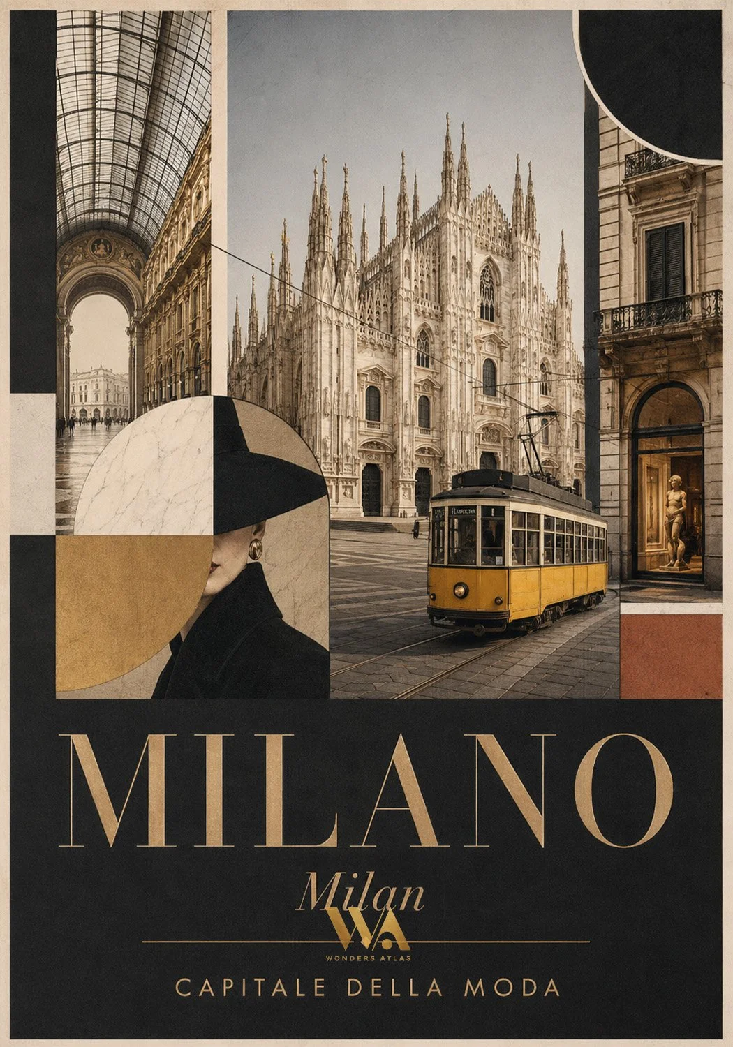 A collage featuring landmarks and scenes from Milan, Italy, including the Milan Cathedral, a vintage yellow tram, an ornate indoor space with high glass ceilings, and a woman wearing a black hat and coat. The text on the collage reads 'Milano Milan' 