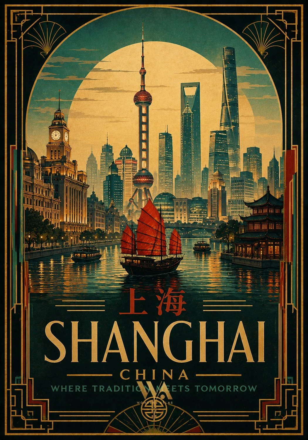 Vintage poster of Shanghai, China, featuring a skyline with modern skyscrapers, a traditional boat with red sails on a river, and Chinese characters, with decorative borders and the slogan 'Where Tradition Meets Tomorrow'.