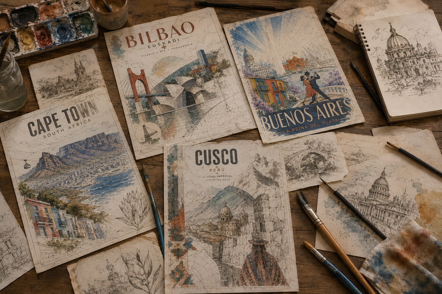 Sketches and illustrated travel posters of various international destinations including Bilbao, Buenos Aires, Cape Town, and Cusco, with watercolor paints and brushes on a wooden table.