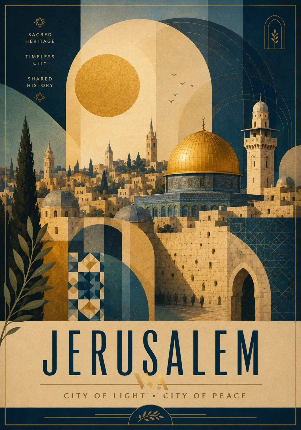Illustration of the city of Jerusalem with the Dome of the Rock, surrounded by minarets and ancient buildings, with geometric shapes and a large sun in the background.