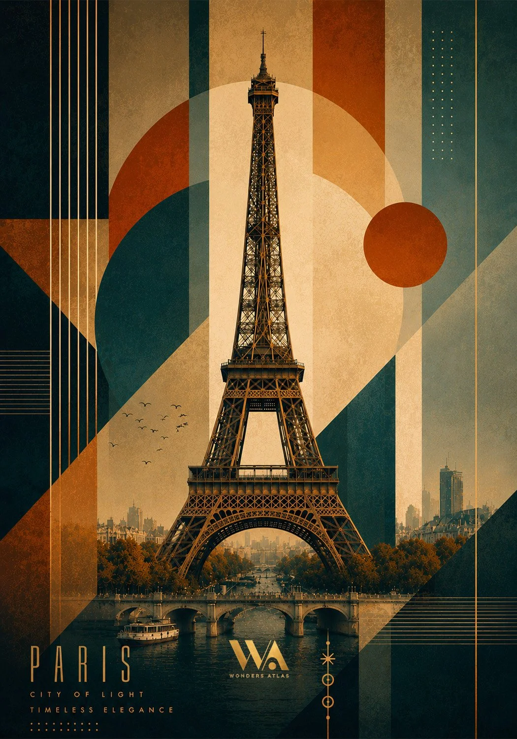 Artistic depiction of the Eiffel Tower in Paris with geometric patterns, warm color tones, and cityscape in the background.