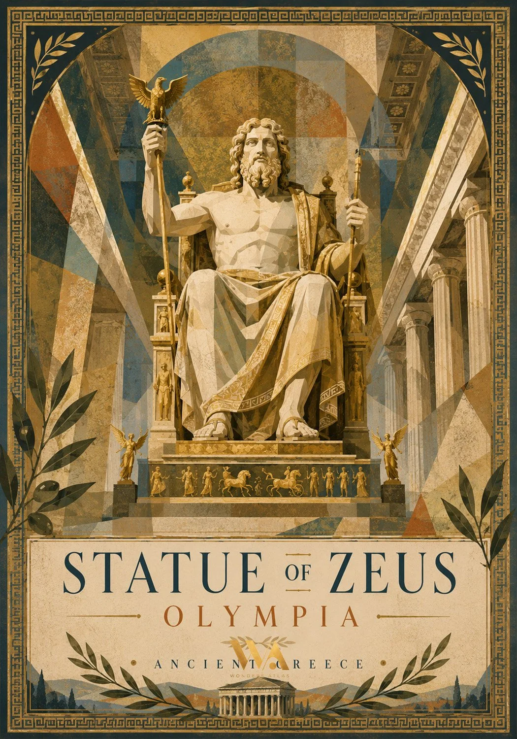 Image of the Statue of Zeus at Olympia, an ancient Greek statue, with a grand throne, surrounded by columns and decorative elements, and a detailed border featuring Greek motifs.